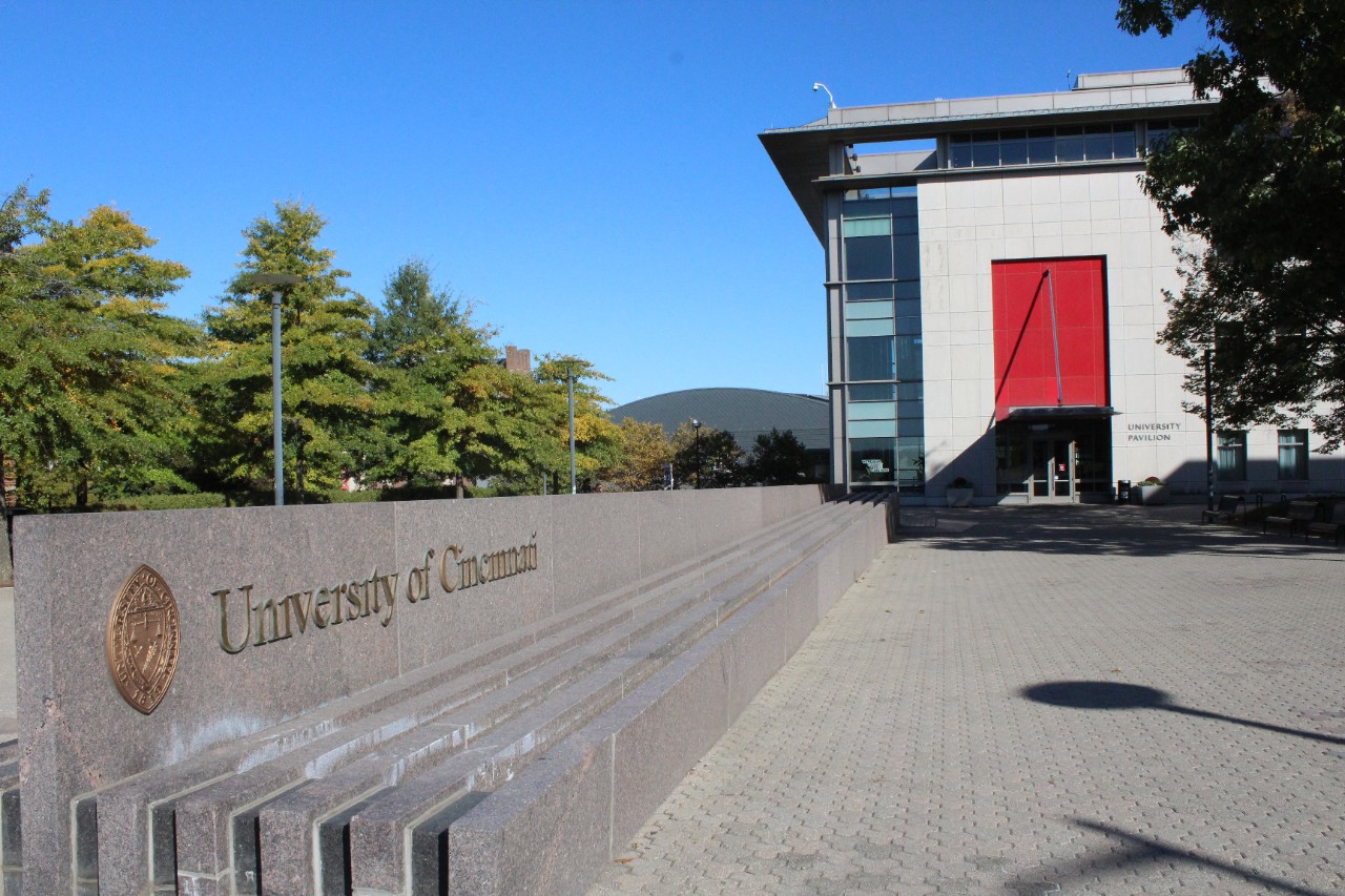 University of Cincinnati seal on a fountain